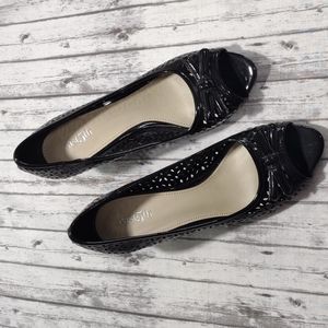 East 5th Black Peep Toe Wedges